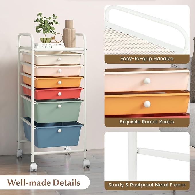 GOFLAME 6-Drawer Rolling Storage Cart, Multifunctional Art Craft Organizer Cart, Mobile Utility Storage Cart with Removable Drawers & Lockable Wheels, Craft Cart for Home Office, Macaron Color