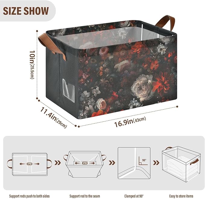 Moody Floral Goth Flower Gothic Dark Storage Bins for Shelves with Labels&Handles Fabric Organizer Bin Foldable Rectangle Storage Basket Boxes for Closet, Bathroom, Home, Living Room, 2 Pack