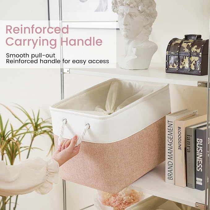 16x12x12 In Foldable Fabric Large Storage Bins with Handle 3 Pack | Storage Basket with Draw String Top, Sturdy Metal Strand, Cardboard Support Molding, for Shelf, Closet, Bedroom, White/Pink