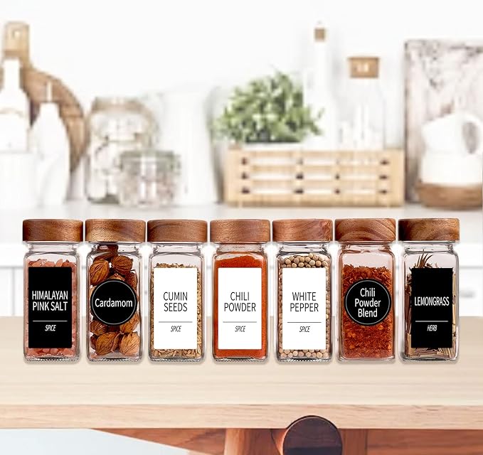 Churboro 24 Pack 4oz Glass Spice Jars with 547 Labels, Acacia Wood Lids | Empty Square Spice Bottles with Acacia Wood lids, Labels, Funnel & Chalk Pen. Keep Seasoning Containers Neat and Organized