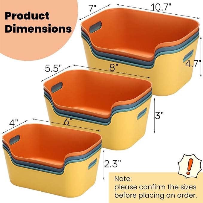 Tlence 12 Pack Colorful Plastic Storage Baskets, Classroom Organizer Bins with Built-in Handle, Open Cubby Storage Bins, Household Pantry Shelf Organization Containers for Office, 3 Sizes