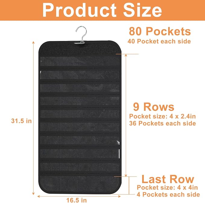 Hanging Jewelry Organizer, Black, 80 Pocket | Double-Sided, For Earrings Necklace Bracelet, Clear PVC Window, For Closet, Door, Wall, Travel