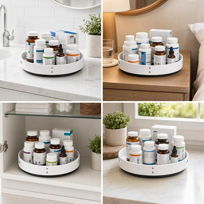 Medicine Cabinet Organizer, Lazy Susan Turntable for Pill Bottles and Vitamin Storage, White Plastic Rotating Tray with Side Grip Openings for Bathroom, Pantry, Vanity