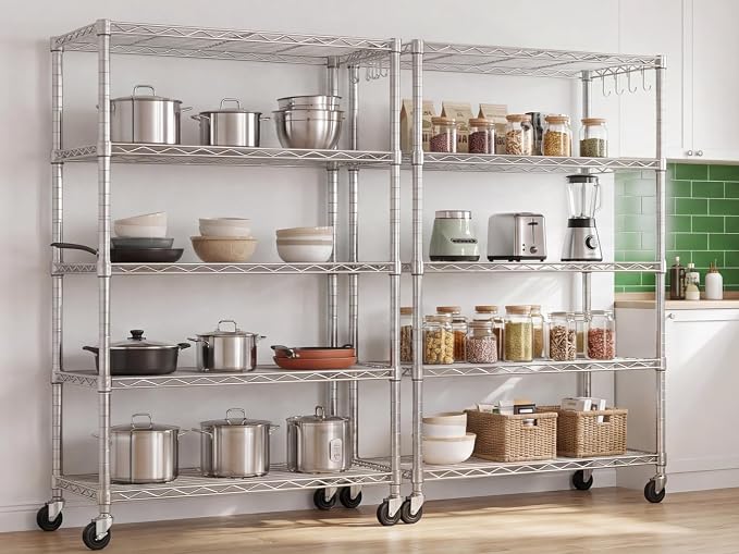 24" Wx18 Dx75 H Chrome Storage Shelves with Wheels, 5 Tier Wire Shelving Adjustable Metal Shelving Pantry Shelves Capacity 1250LBS for Garage Shelving, Pantry, Kitchen, Closet, 2PACK