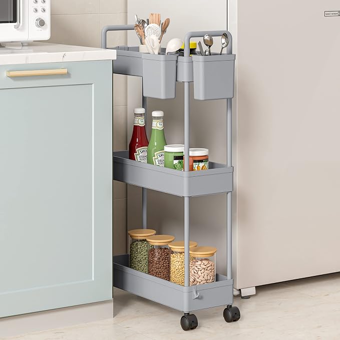 SOLEJAZZ Slim Rolling Storage Cart Skinny Bathroom Organizer, 3 Tier, Gray | Thin utility cart with wheels for bathroom, laundry room, bedside, kitchen, dorm, office, next to fridge, small narrow places