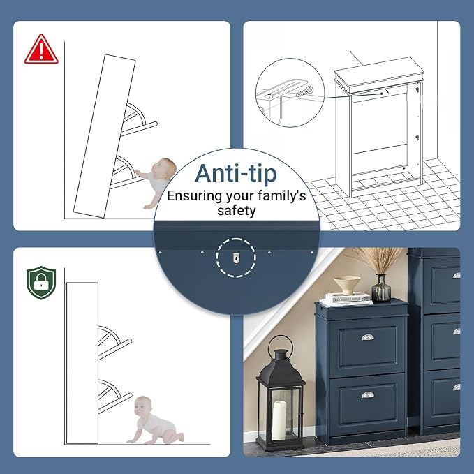 Haotian Slim Shoe Cabinet | Shoe Storage Cupboard Organizer Unit for Entryway 2 Flip-Drawers, Hallway and Bedroom Navy FSR78-B