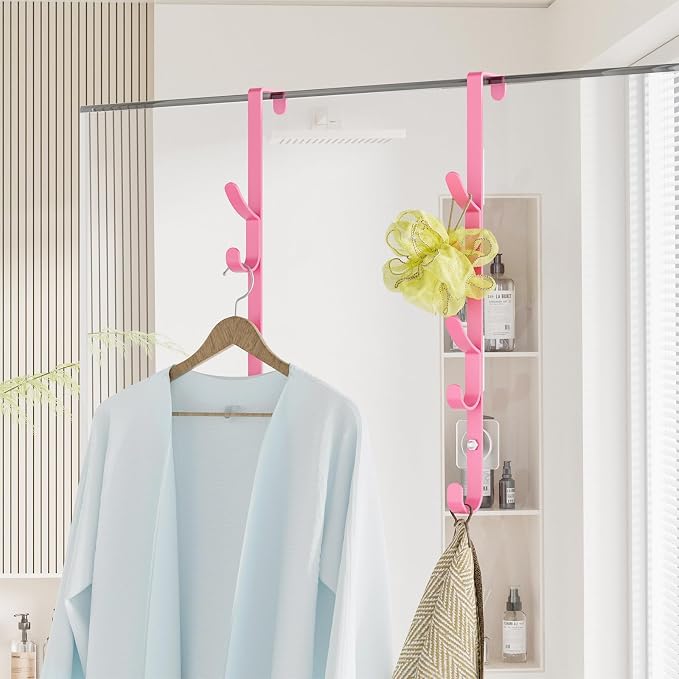 Kaiferty Over The Door Hooks, Metal Door Hooks for Hanging, Over The Door Purse Organizer for Door Coat Hanger, Back of Shower for Hanging Towel Rack Clothes, Hat, Bathroom, Closet (Pink-2Packs)