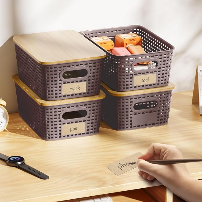 Viphope Stackable Storage Bins with Bamboo Lids set of 6,10x7.1x4.1in | small plastic organizer boxes,natural bamboo lids,saves space in pantry,office classroom storage,closet, desk, cabinet