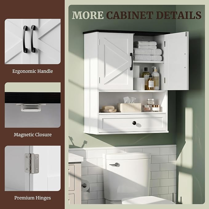 Farmhouse Bathroom Wall Cabinet, 30" x 24" Wall Mounted Storage Cabinet with Barn Door and Drawer, Over Toilet Bathroom Organizer for Bathroom, Laundry Room