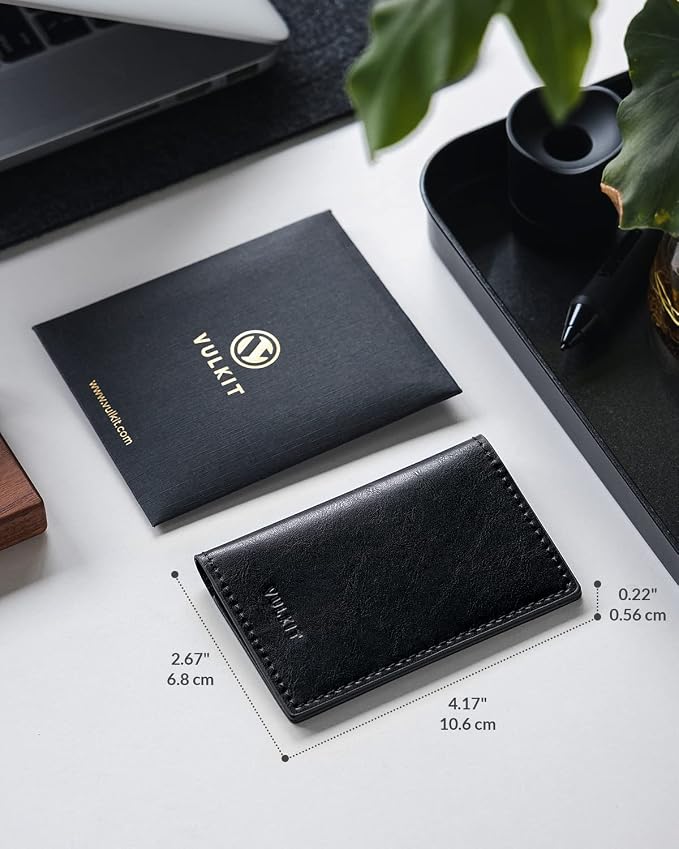 VULKIT Leather Business Card Holder 2 Sided Slim Business Name Card Organizer for Men or Women, Up to hold 20 cards (Vintage Black)