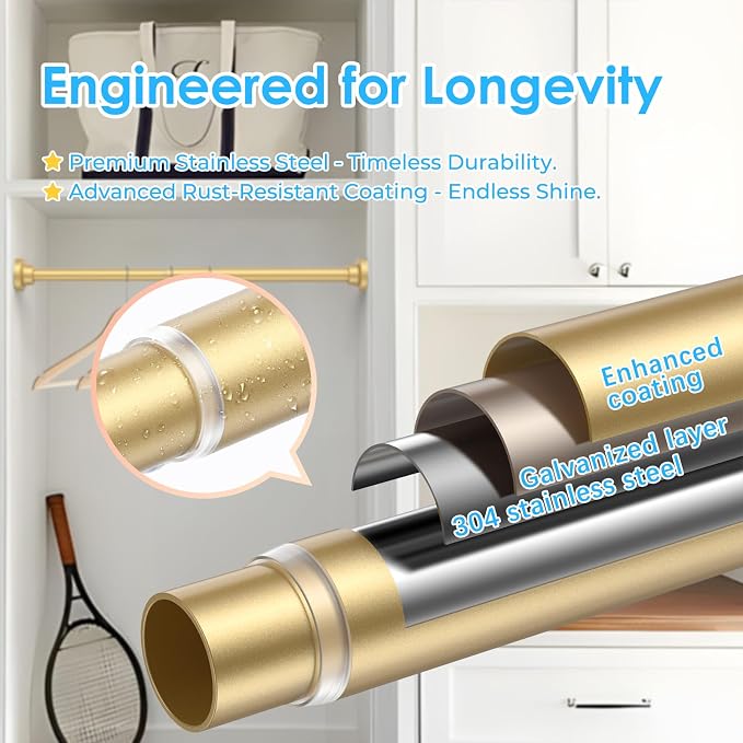 AIZESI Small Tension Rod 18 To 27 Inch，1 - Inch Diameter Gold Tension Curtain Rod Small Tension Rod No Drilling, Anti - Slip, Anti - Rust Short Tension Rod