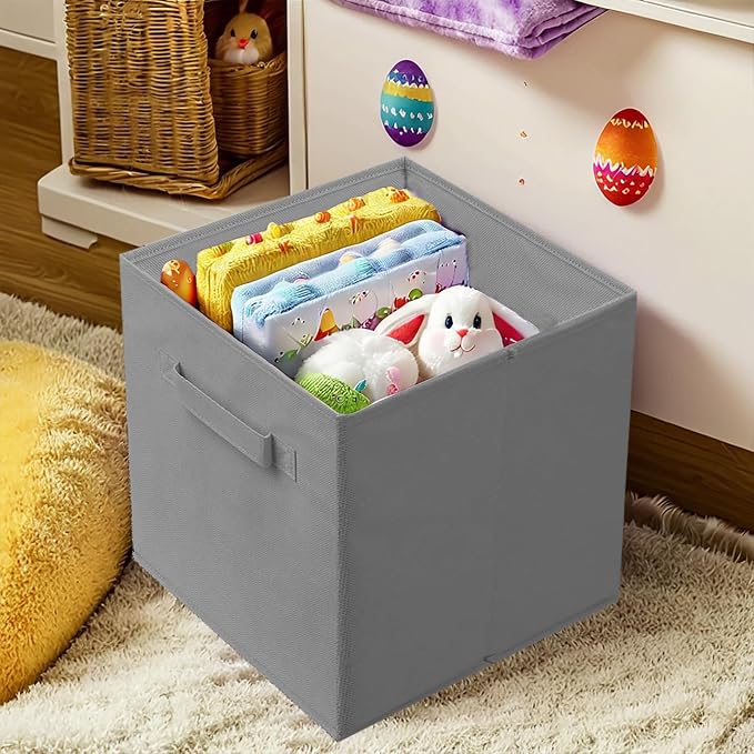 PowerKing Collapsible Storage Cubes, Farbic Storage Bins, Grey, 6 Pack | Sturdy, Lightweight, Easy Pull Handle, Closet & Shelf Organizer, Clothes and Toys Storage, 10.5'' x 11'' x 10.5''