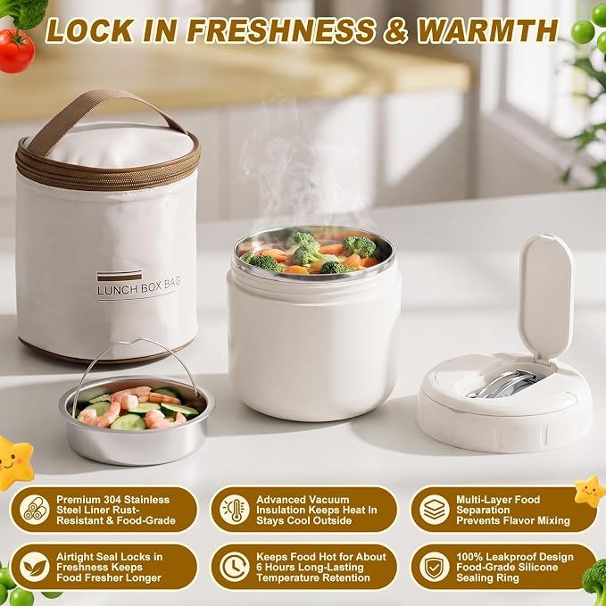 1 Pack 40 oz Insulated Food Jar with 2 Compartments, Stainless Steel Double Wall Vacuum Lunch Box Keep Hot & Cold, Leak-Proof Wide Mouth Soup Container with Spoon & Bag (White)