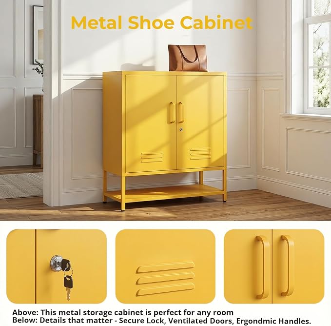 Yellow Lockable Metal Shoe Cabinet, Freestanding Accent Storage Cabinet with Adjustable Shelves, Multipurpose Storage Rack for Hallway Entryway Living Room 33" H X 29.5" W X 13.8" D