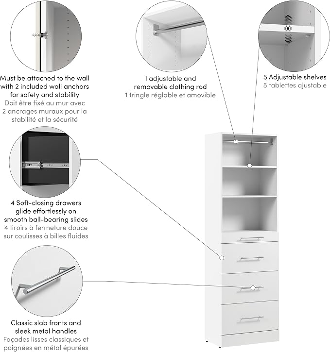 Bestar 25W x 16D Modular Closet Organizer System Tower, Reach-in Closet or Walk-in with Shelves and 4 Drawers, Slab Style, Florence Collection, White
