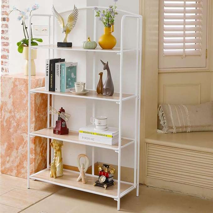 Crofy 4-Tier Wider Foldable Bookshelf, White Frame & White Oak Shelves | No-Assembly Collapsible Portable Storage Organizer; Sturdy White Oak Finish Shelves; Ideal for Living Room & Home Office