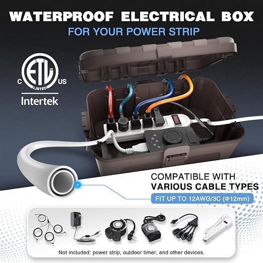 Flemoon Outdoor Electrical Box Waterproof, IP54 Waterproof Extension Cord Cover, Protect Outlet, Plug, Socket, Timer, Power Strip, Holiday Light, Large Weatherproof Connection Box, Brown