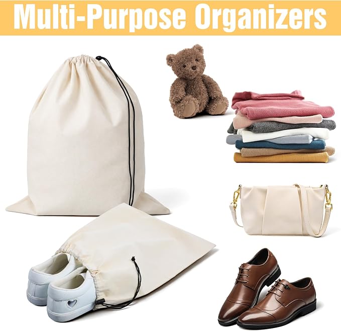 6 Pack Cotton Shoe Bags for Travel & Storage - 17.7"x13.8" Dustproof Drawstring Pouches, Washable & Reusable Cotton Organizers (Beige)