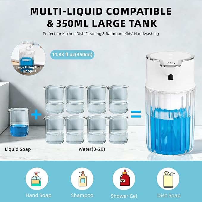 Automatic Foam Soap Dispenser Touchless, 12oz Rechargeable Soap Dispenser with 4 Adjustable Levels, Auto Hand Soap Dispenser for Kitchen, Bathroom Countertop, Wall Mounted, IPX5 Waterproof