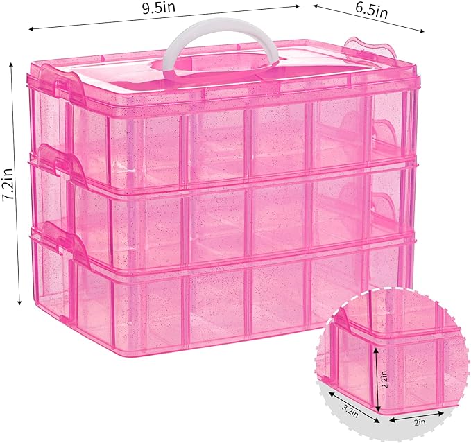 Bead Organizer 3 tier 30 grid Stackable Craft Hair Tackle Storage Pink