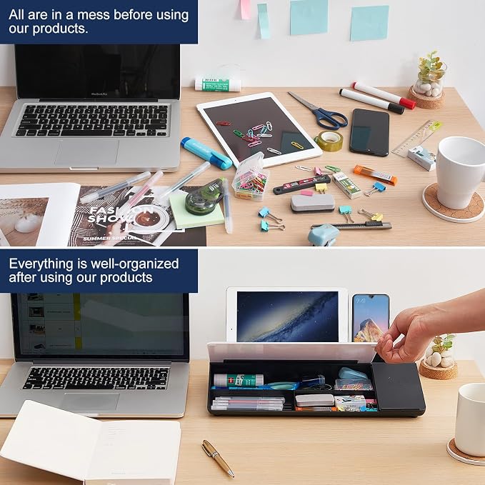 Small Glass Desktop Whiteboard Dry-Erase-Board - Computer Keyboard Stand with Wireless Charger White Board Surface Pad with Drawer, Desk Organizers with Accessories for Office, Home, School Supplies