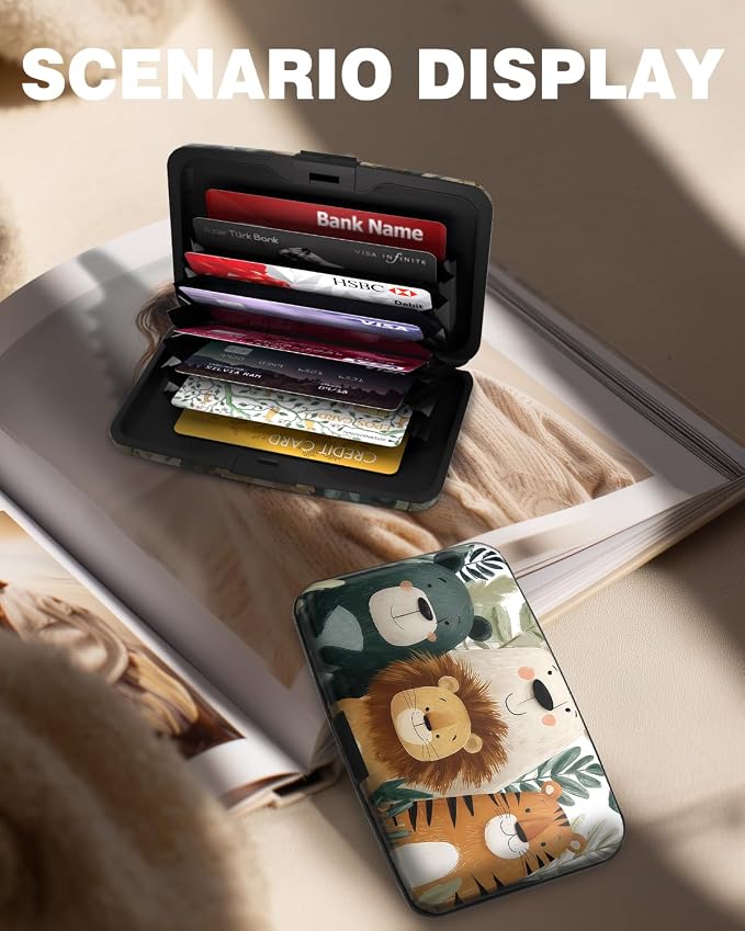 Maicican Credit Card Holder, Mini RFID Blocking Aluminum Wallet | Slim Metal Hard Case Travel Wallet ID Case for Women and Men, 4.3 x 2.9 Inches, Smiling Animals