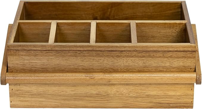 VaeFae Acacia Silverware Caddy with Handle, Wooden Utensil Holder, Mulip-pose Organizer for Kitchen, Office, Bathroom, Bedroom (Large, 5 compartments)