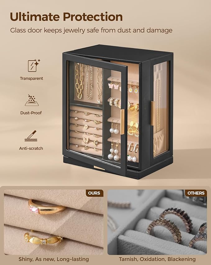 Glimmloop 360° Rotating Jewelry Box with 5 Drawers, Spacious Vertical Jewelry Organizer with Glass Window, Jewelry Storage Case, Dustproof & Moisture-resistant Design, Black