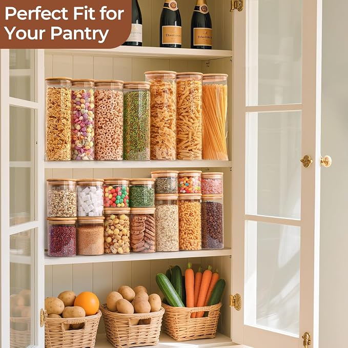 ComSaf Glass Storage Containers wtih Lids 1.5 Qt, Set of 3 Food Storage Jar | Glass Containers with Bamboo lids, Glass Canisters 45oz, Kitchen Cabinet Storage, Tea, Spice, Coffee, Dry Food, BPA Free