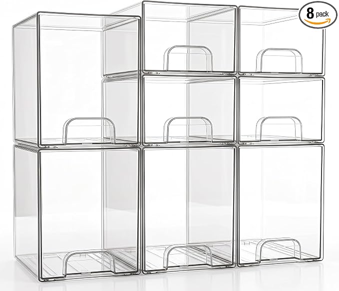 Clear Stackable Storage Drawers: Baby Bottle Storage Organizer, Acrylic Bottles Station Organizer Container for Countertop, Vanity, Bathroom, Cabinet Organization - 8 Pack