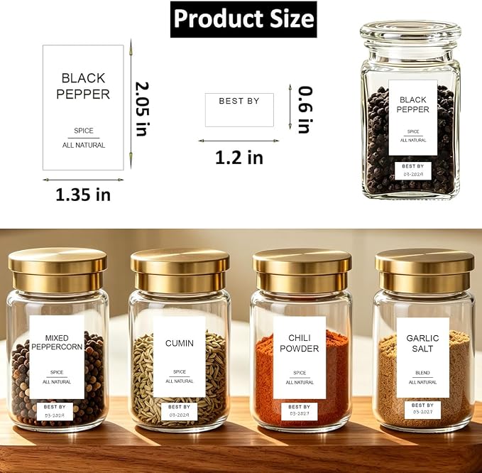 256 Spice Labels Minimalist Waterproof Spice Jar Stickers Removable Oil-Resistant Preprinted Spice with Blank Label for Kitchen Herb & Seasoning Labels Food Containers Organizers Storage Bins