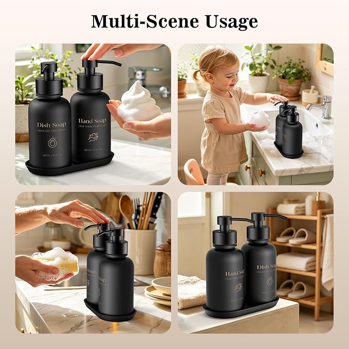 16.9 Oz Glass Foaming Soap Dispenser 2 Pack(Black) | Refillable Hand & Dish Soap Pump, With Silicone Tray & 8 Waterproof Labels, For Bathroom & Kitchen，Perfect Housewarming Gift