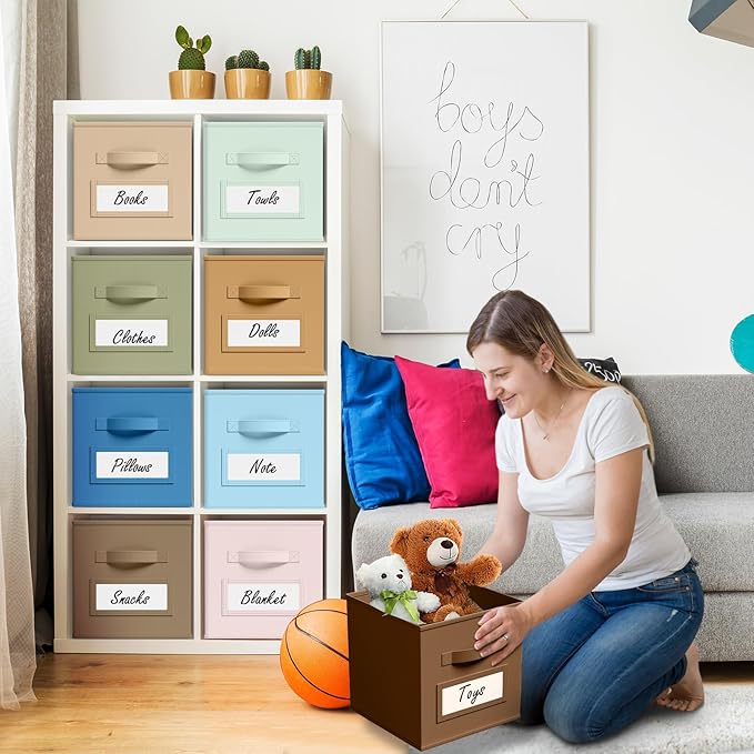 Teenyyou 10 Pack Fabric Storage Cubes 11 Inch Collapsible Cube Bins with Label Window & Handle Foldable Organizers Baskets for Shelf Closet Nursery Kids Room Clothes Book Toy(Boho)
