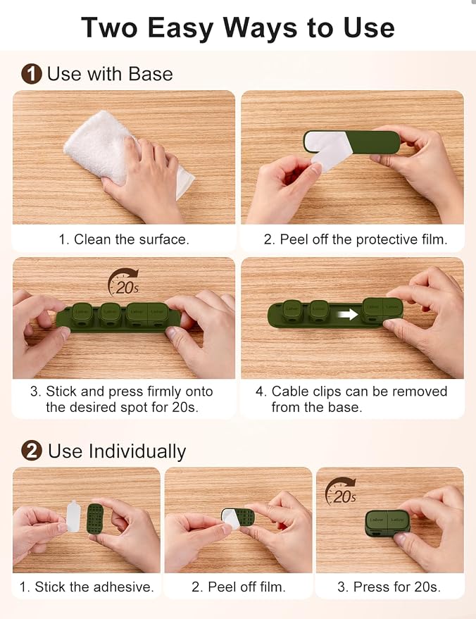 6 Pack Magnetic Cable Clips [1s Open/Lock], Cord Organizer Holder | Strong Adhesive Desk Cable Management- Organize Charging Cords Neatly for Home, Office, Car,Desk, Nightstand-Deep Green
