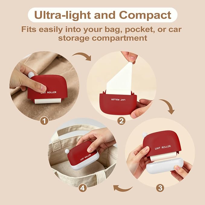 Disposable Mini Lint Roller with 4 Refills, ChristmasRed | Portable, Easy Tear Residue-Free, Pocket-Sized for Travel Clothes, Furniture, Carpets, Pet Hair Remover, Fits in Wallet Bag