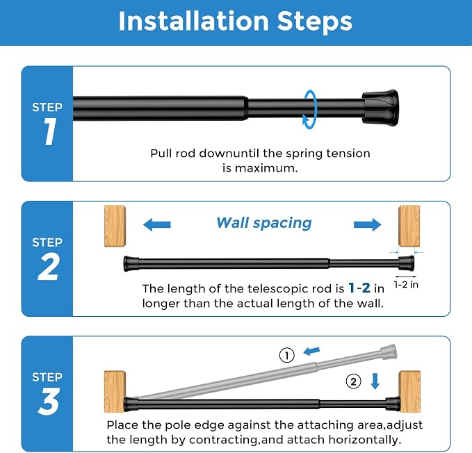 AIZESI Spring Tension Curtain Rods Short Tension Rod (Black,8" to 14"-2Pcs)