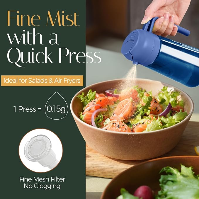 YARRAMATE 16oz/470ml Light-Blocking Dark Oil Sprayer for Cooking, 2 in 1 Olive Oil Dispenser Bottle for Kitchen, Premium Blue Glass Oil Bottle, Food-Grade Oil Mister for Air Fryer, BBQ (BlackNavy)