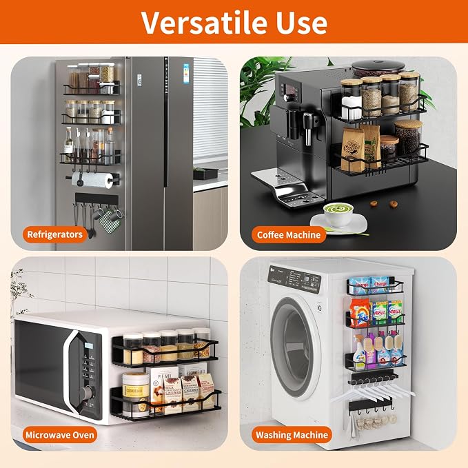 Magnetic Spice Rack,Multifunctional Magnetic Shelf for Washing Machine,Refrigerator,Microwave,and Any Metal Surface,Powerful Magnetic Shelves Include Magnetic Paper Towel Holder (5 pcs - Black)