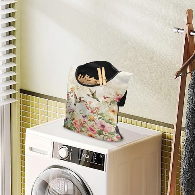 Art Hummingbird Clothespin Bag Clothespin Storage with Hanger Hook Canvas Clothespin Bag with Large Opening Space-Saving Clothespin Holder Clothespin Bag for Outdoor Use