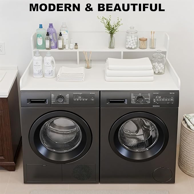 Washer Dryer Countertop with Shelf, 2-Tier Laundry Countertop Over Washer and Dryer, 54" x 27.55" Wooden Table for Folding Clothes for Laundry Room Organization and Storage (Milky)