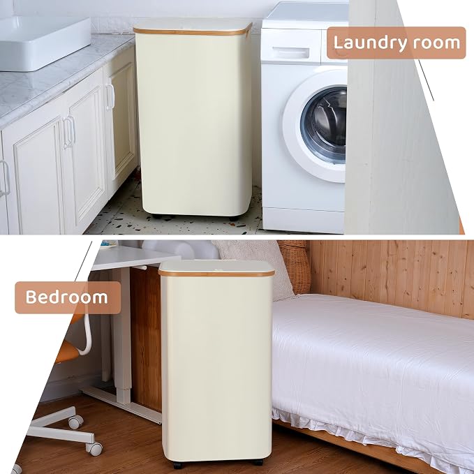 IEGrow Laundry Basket with Wheels 110L Clothes Hamper for Laundry,Beige | Laundry Hamper with Lid and Bamboo Frame, for Laundry Room, Bedroom, Dormitory Storage