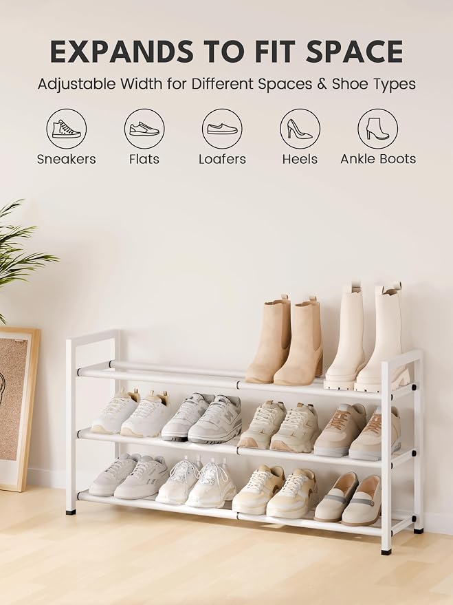 Bumusty 3-Tier Expandable Shoe Rack for Closet, 18“-33” Adjustable Shoe Rack for Small Space, Small Shoe Organizer for Front Door, Sturdy Metal, White