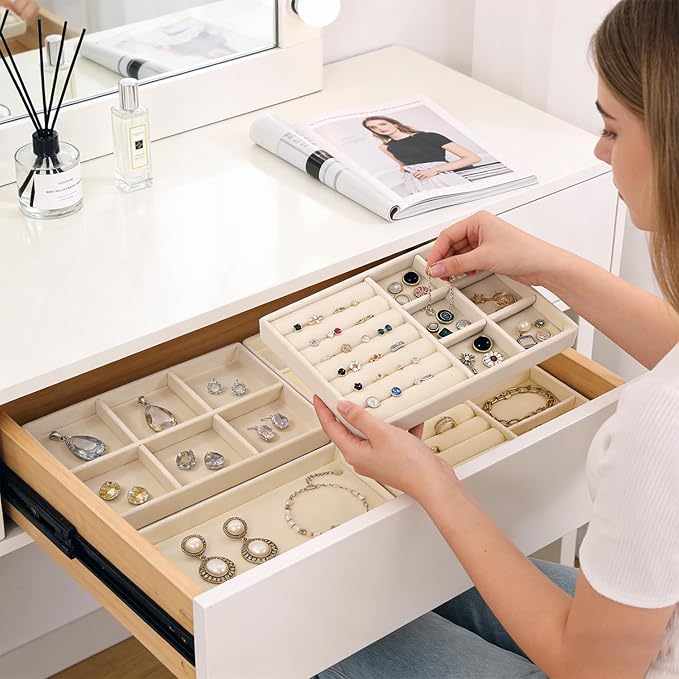 6-Piece Velvet Jewelry Organizer for Drawer with Removable Dividers | Stackable Jewelry Trays, Drawer Organizer Inserts Set with 2 Cleaning Cloths for Women Dresser Vanity