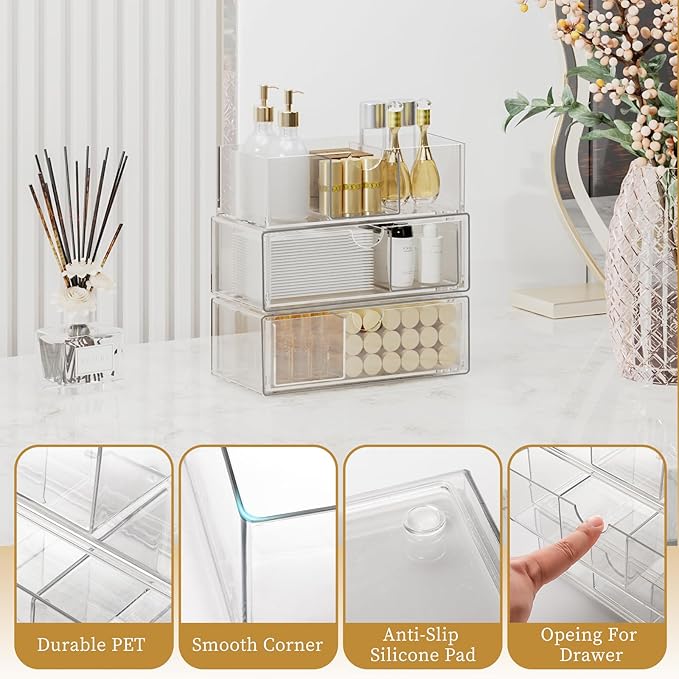 Medicine Cabinet Organizer with Removable Dividers, 3-Tier Stackable Drawer Storage for Bathroom, RV, Vanity, Countertop & Desk