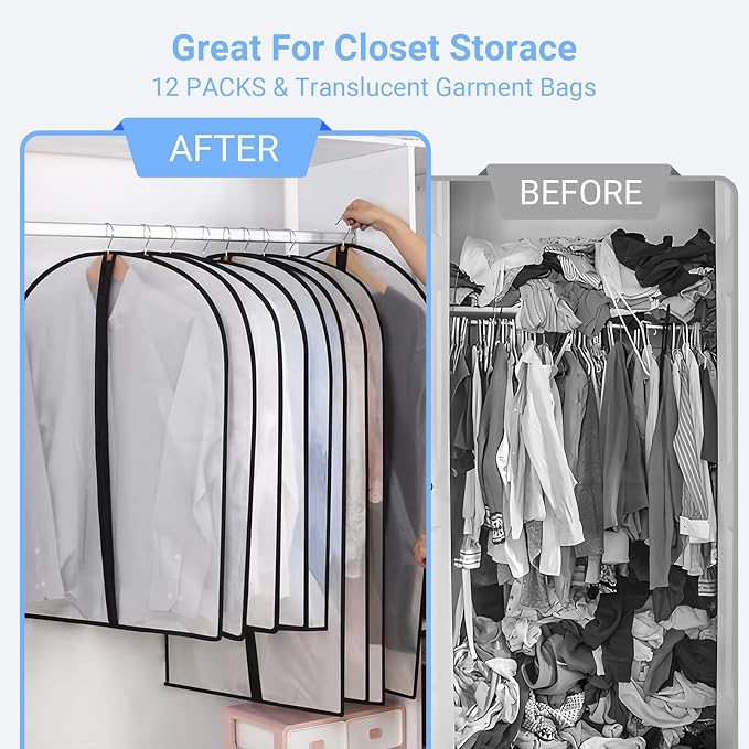 Garment Bags Covers (24''X60'' Set of 12) Long Dress Bags for Hanging Clothes (Pack of 6) with Study Full Zipper Coat Covers for Closet Clothes Storage and Travel