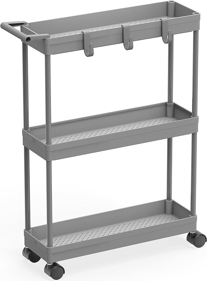 Simple Houseware 3-Tier Slim Rolling Cart w/Handle 5.5" Wx27.5 H, Gray | Storage Cart for Narrow Space (5.5-Inch Wide) Kitchen, Bathroom, Laundry Room