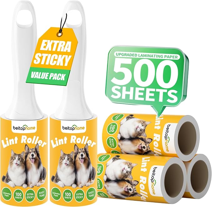 Extra Sticky Lint Roller for Pet Hair, 500 Sheets, 2 Handles | Compact Value Pack for Clothes, Couch, Car, Furniture & Bedding