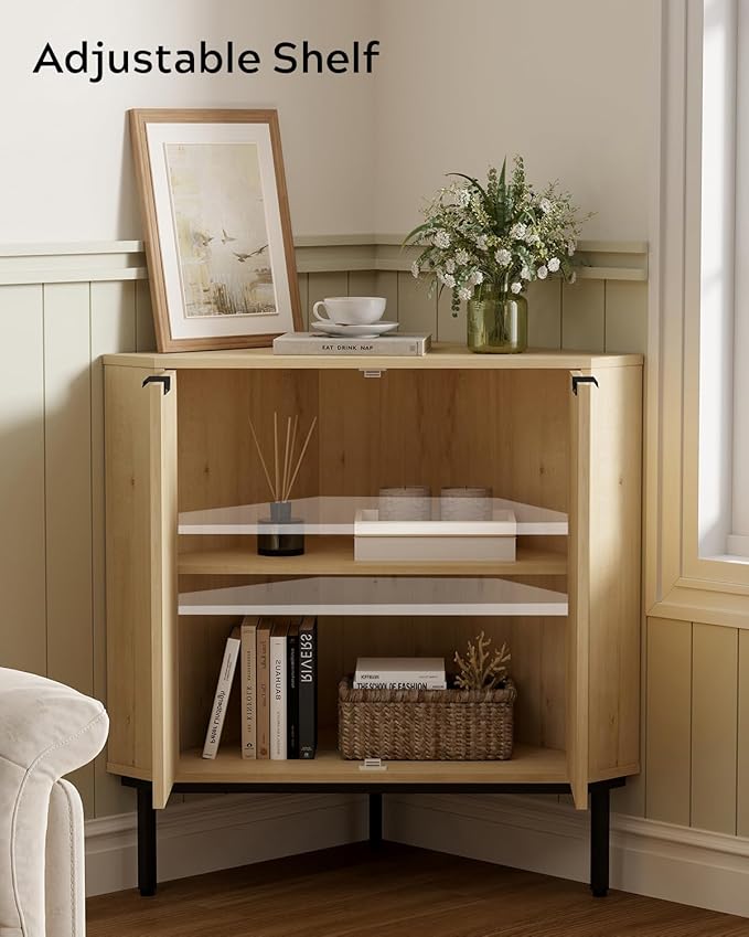 Modern Corner Cabinet, Fluted Wood Floor Storage Cabinet with Adjustable Shelf, Freestanding Narrow Organizer for Living Room Kitchen, Light Oak
