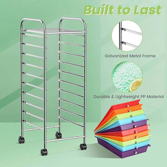 DREAMADE Rolling Cart With Storage Drawers, Utility Cart With Removable Plastic Drawers, Lockable Wheels for Classroom Organization, Art Supplies, Office, Scrapbook (10 Drawers, Multi-color)