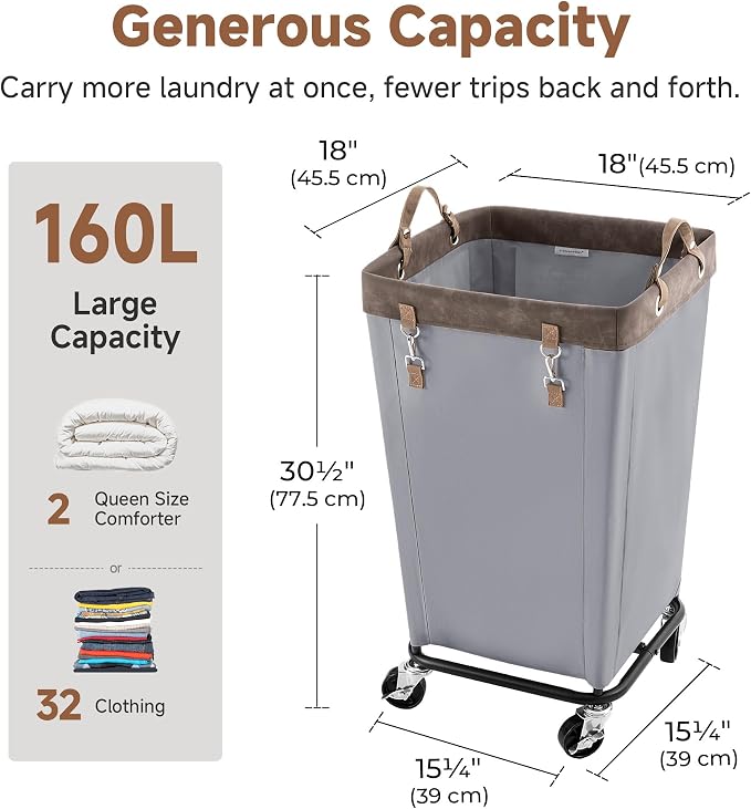 StorageWorks Laundry Basket with Wheels for Clothes, 160L Slate Hamper Cart